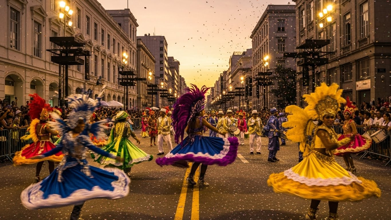 Crowded Rio de Janeiro street during Carnival with samba dancers, colorful costumes, and thousands of people celebrating in a lively festival atmosphere.