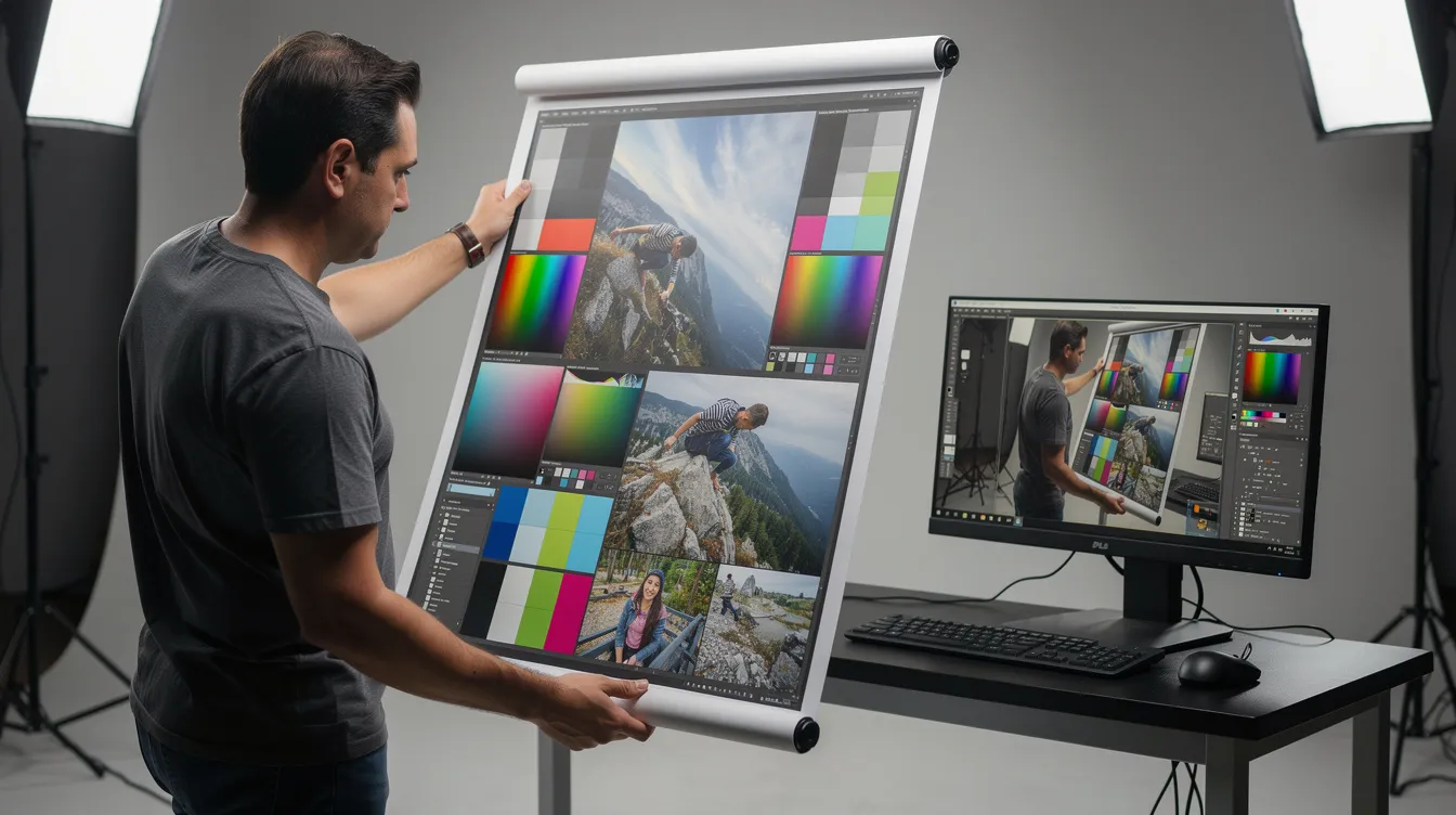 A photographer is carefully reviewing a large test print under neutral studio lighting, comparing its vibrant colors and detail to a calibrated monitor. This process ensures the highest quality printing for photo prints, allowing for exceptional image quality and accurate color representation.