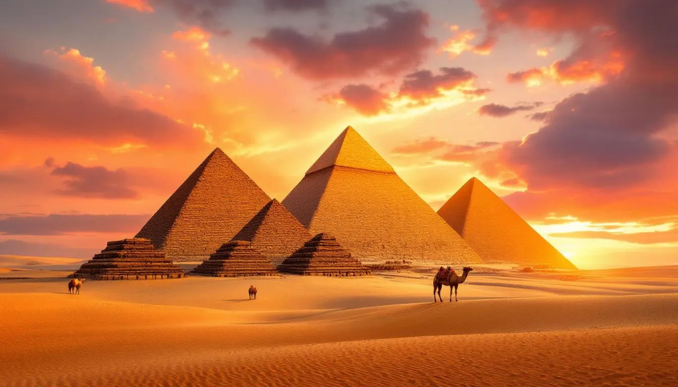 A imagem mostra as majestosas pirâmides de Gizé ao pôr do sol, com camelos em primeiro plano, criando uma atmosfera típica do Egito antigo. O cenário destaca a beleza dos pontos turísticos egípcios, convidando à exploração de um roteiro pelo Egito.