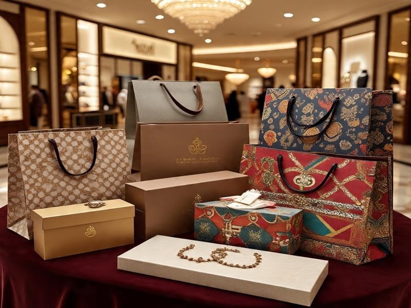 A picture of several colorful and fancy gift bags and boxes displayed on a table inside a bright, luxury shopping mall.