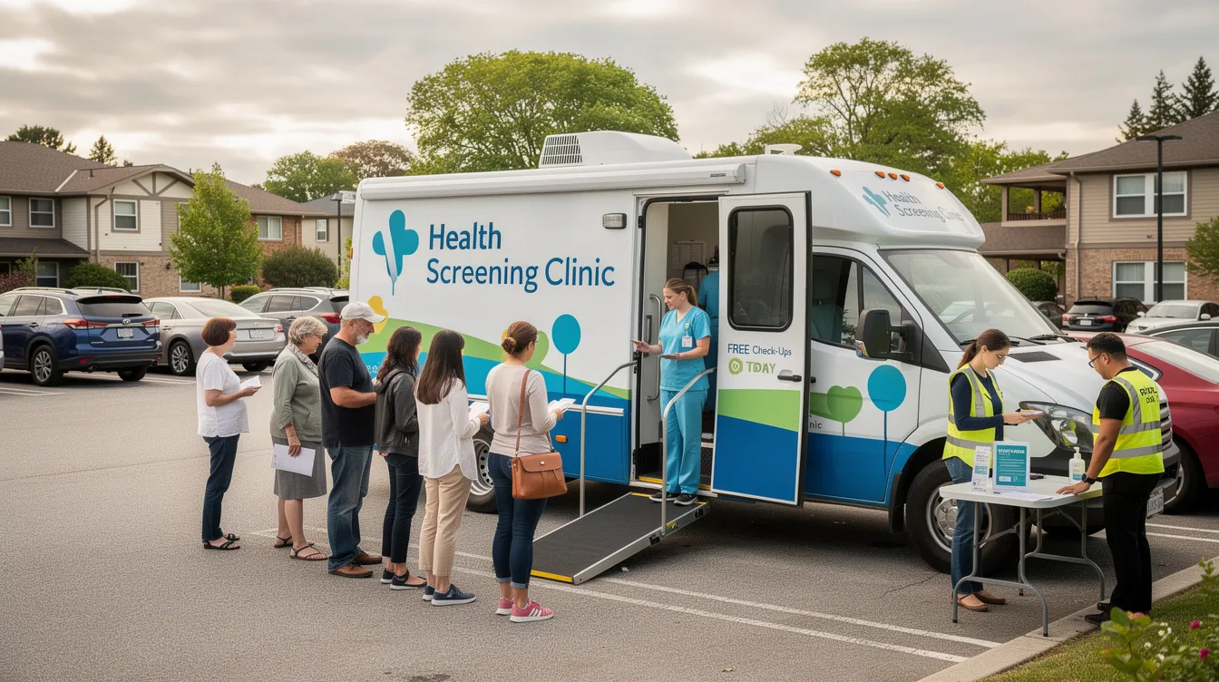A mobile health screening van is parked in a community car park, providing lung cancer screening services to local residents. This initiative aims to promote early lung cancer detection and diagnosis, potentially reducing lung cancer deaths through increased access to low-dose CT scans and other diagnostic tools.