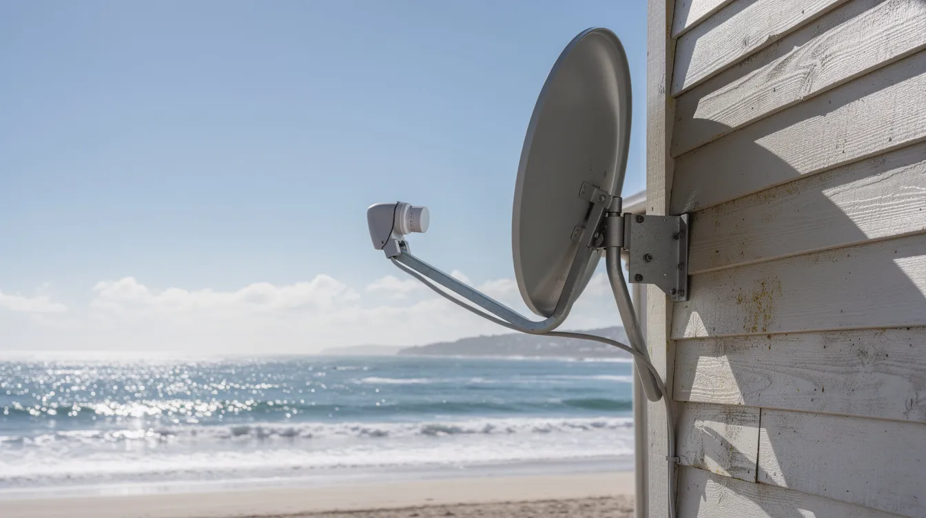 A satellite dish is installed on the roof of a coastal home, with a stunning view of the ocean in the background. This image showcases professional DSTV installation services, highlighting the importance of optimal signal reception for uninterrupted viewing pleasure.