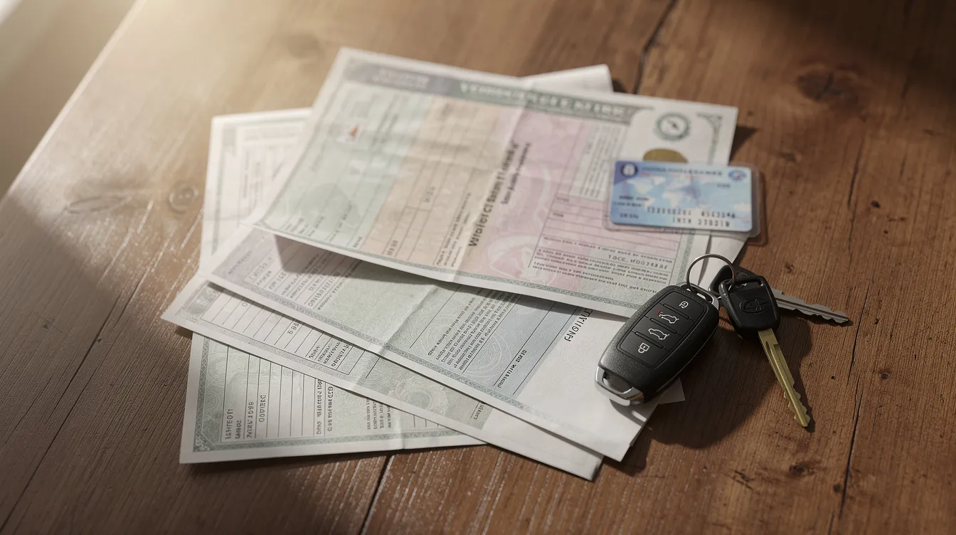 96d0c01a 9c0e 42f0 ad39 8095bc6b04d5 The image shows vehicle ownership documents and keys neatly arranged on a wooden table, symbolizing the important paperwork involved in acquiring a vehicle through financial assistance, such as a business loan under the Mudra scheme. These documents often include a bank statement and address proof, essential for eligible borrowers looking to secure funding for their micro enterprises.