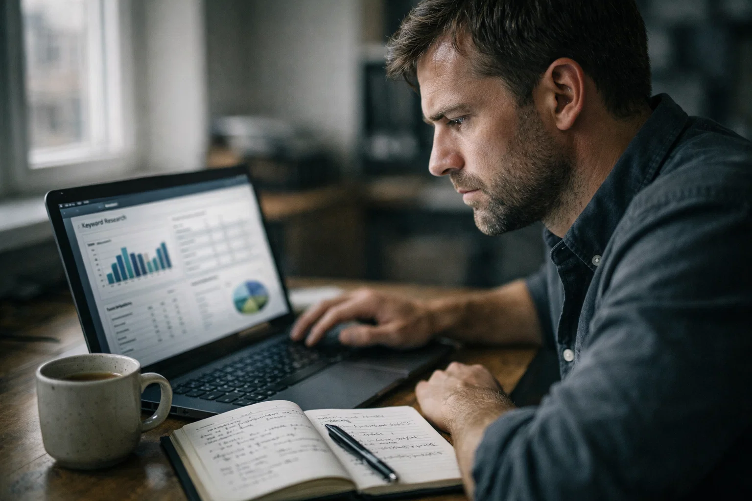 Marketing strategist analysing keyword research and PPC campaign planning on a laptop in a UK office.