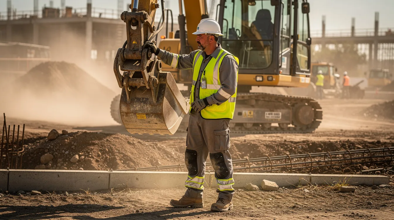 A construction worker is seen operating heavy machinery on a dusty site while wearing full personal protective equipment, including a hard hat, safety vest, and gloves. This scene highlights the hazardous environments and high-risk nature of dangerous jobs in the construction industry, where workplace injuries and fatalities can occur.