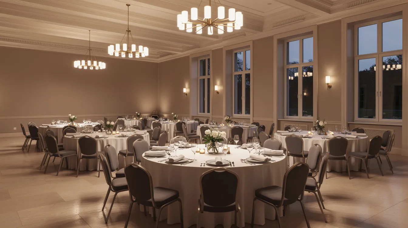 The image showcases a modern event space featuring round tables elegantly set for dinner beneath high ceilings, creating a sophisticated setting perfect for corporate events or wedding receptions. This venue, located in downtown Denver, offers a flexible layout ideal for intimate gatherings or larger celebrations.