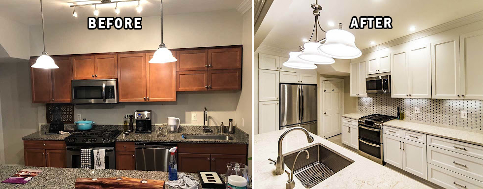 Before and after image of a kitchen remodeling using white shaker cabinets