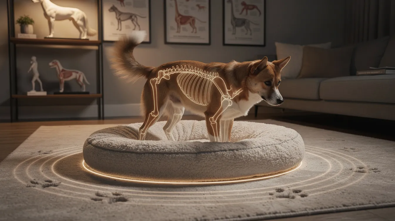 The image depicts a domestic dog circling in tall grass before lying down, showcasing a commonly observed behavior that reflects its instinctual roots. This repetitive motion serves as a survival strategy, helping the dog create a comfortable position while settling in for rest.