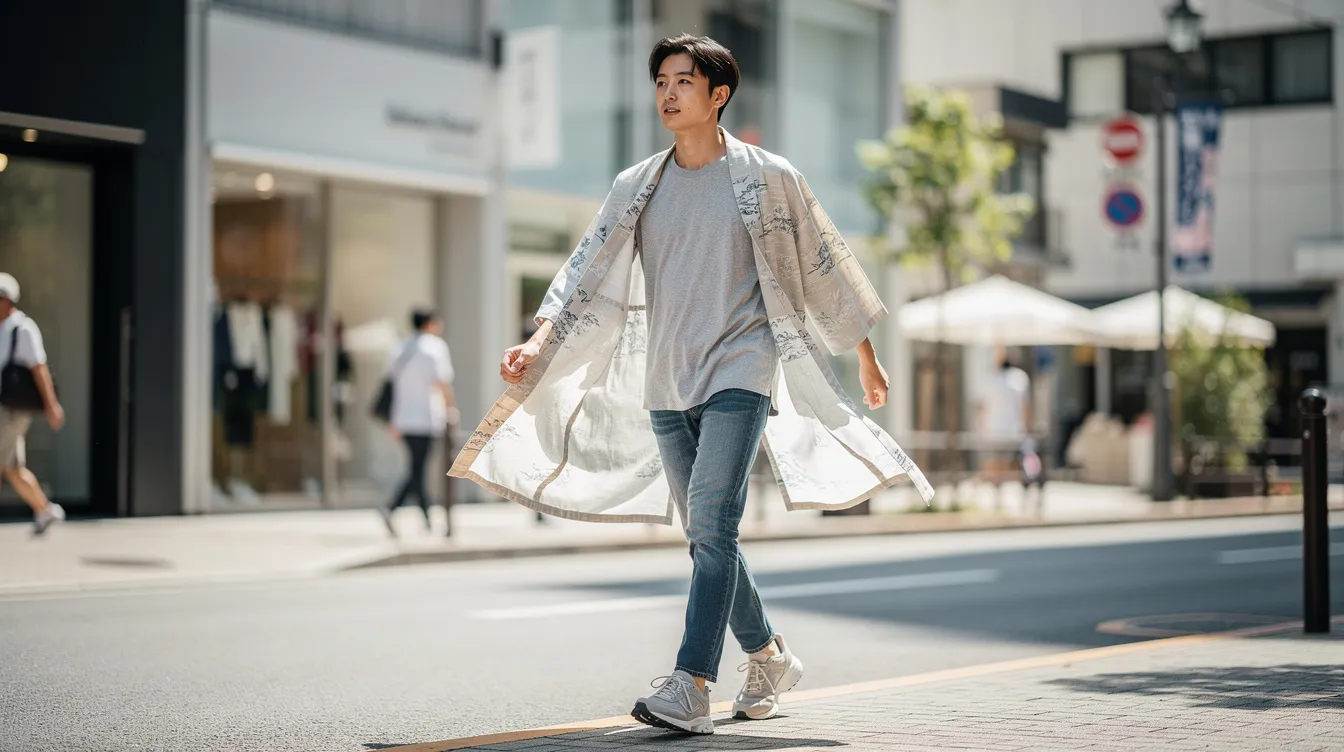 A person strolls down an urban street on a sunny day, wearing a flowing haori jacket over casual modern clothing, including jeans and a shirt. The lightweight haori coat features intricate patterns, blending traditional Japanese culture with contemporary fashion for a stylish, everyday look.