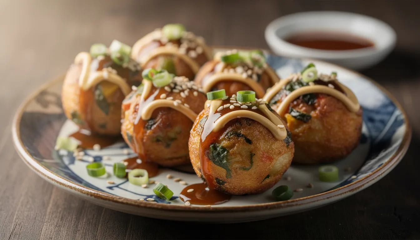 The image showcases colorful vegan takoyaki balls, a classic Japanese street food, beautifully arranged on a traditional Japanese plate with a drizzle of sauce. This delicious meal highlights the vibrant and creative options available in vegan cuisine, perfect for those exploring vegan restaurants in Osaka.