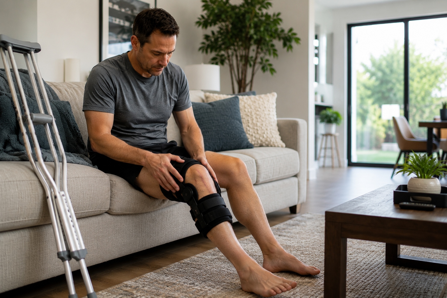 Man recovering at home after knee surgery while dealing with muscle weakness and reduced mobility