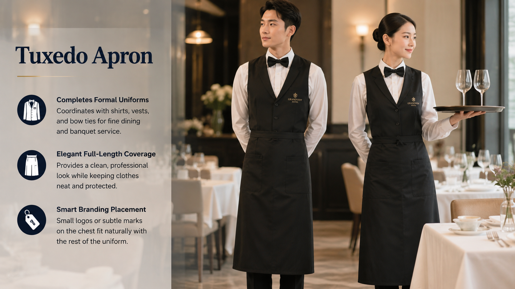 Tuxedo aprons worn with formal shirts and bow ties for fine dining, banquet, and hotel service.