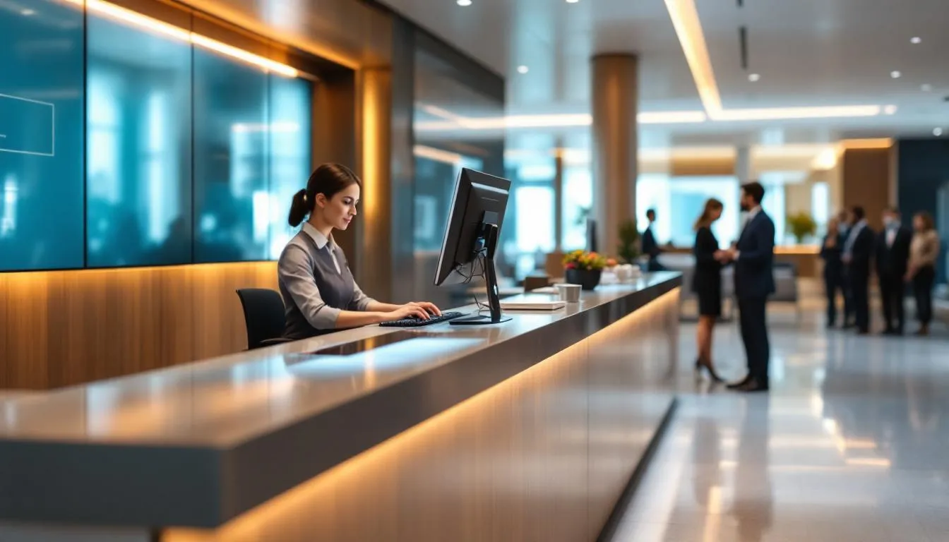 The image depicts a modern hotel reception desk where staff members are efficiently managing operations using advanced computer systems. This setting highlights the integration of hospitality enterprise resource planning (ERP) solutions, enhancing guest services and operational efficiency in the hotel industry.