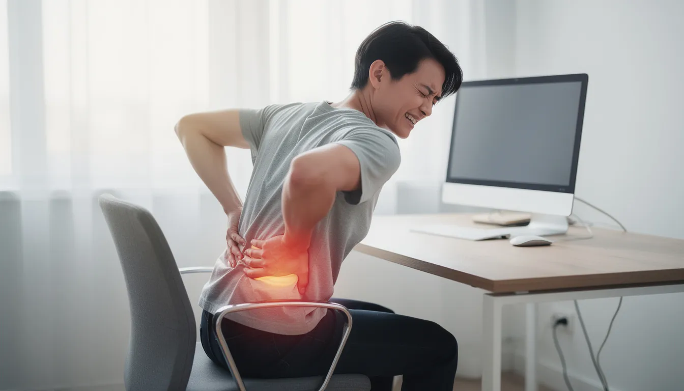 A person is sitting at a desk, visibly uncomfortable while rubbing their lower back and buttock area, potentially experiencing symptoms of sciatica or piriformis syndrome. This posture may indicate nerve compression or muscle tension affecting their sciatic nerve and causing pain.