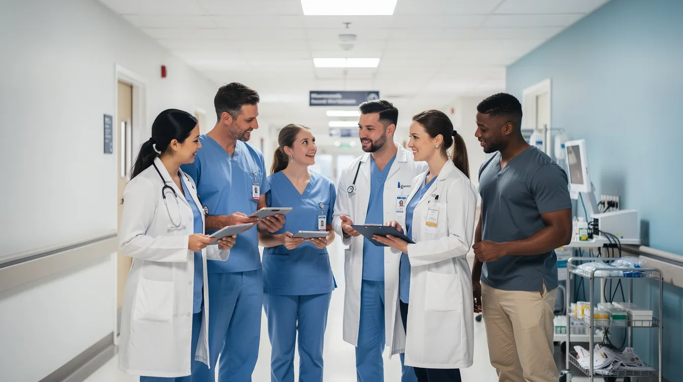 A diverse group of healthcare professionals collaborates in a hospital hallway, showcasing interprofessional collaboration essential for effective patient care. This scene highlights the importance of teamwork in the nursing profession, particularly in advanced nursing practice and the delivery of high-quality care.