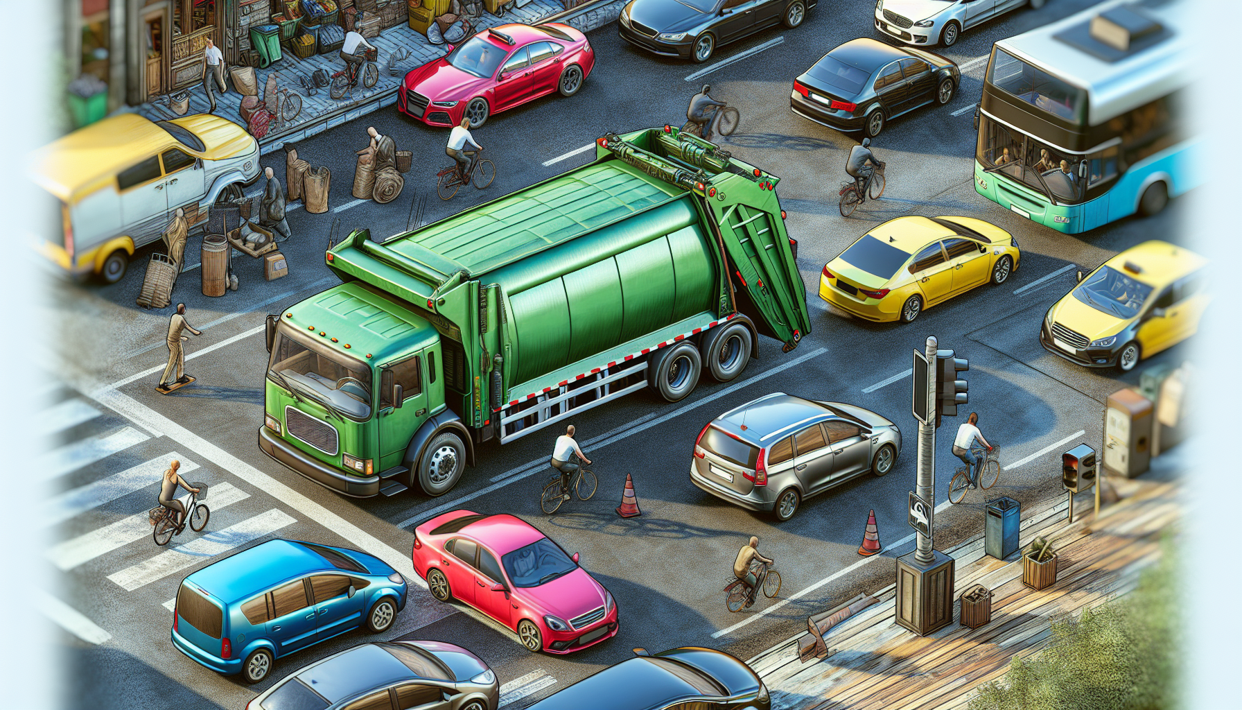 A garbage truck on a city street with various vehicles around