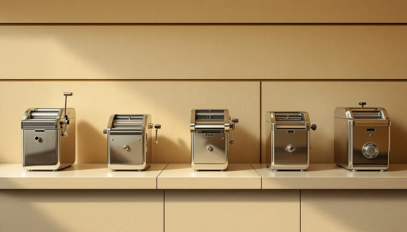 Popular brands of cigarette rolling machines displayed on a retail shelf.