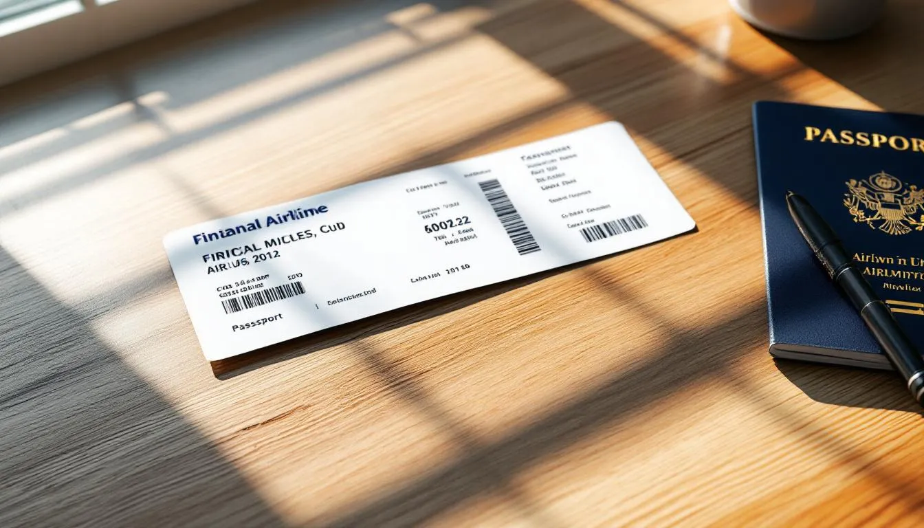 Photorealistic airline dummy ticket on desk with passport and map