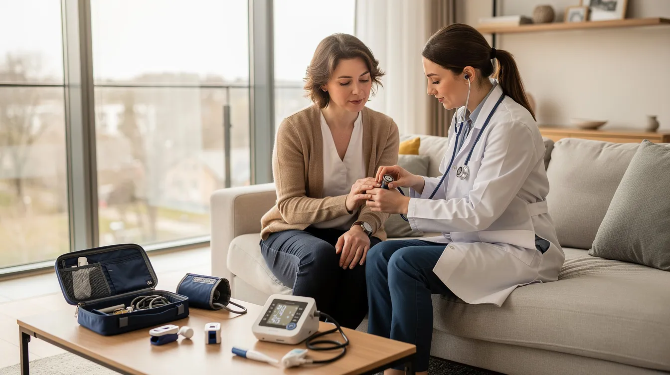 A doctor is examining a patient in a bright and modern living room, surrounded by portable medical equipment on a nearby table, highlighting the convenience of home visit doctor services. This scene underscores the importance of personalized medical care and efficient healthcare services in the comfort of one's home.