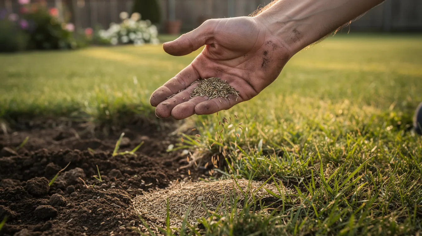 A person is hand-spreading grass seed over a prepared soil surface that features existing grass and some bare patches. This lawn renovation process aims to promote new growth and improve the overall health of the lawn area.