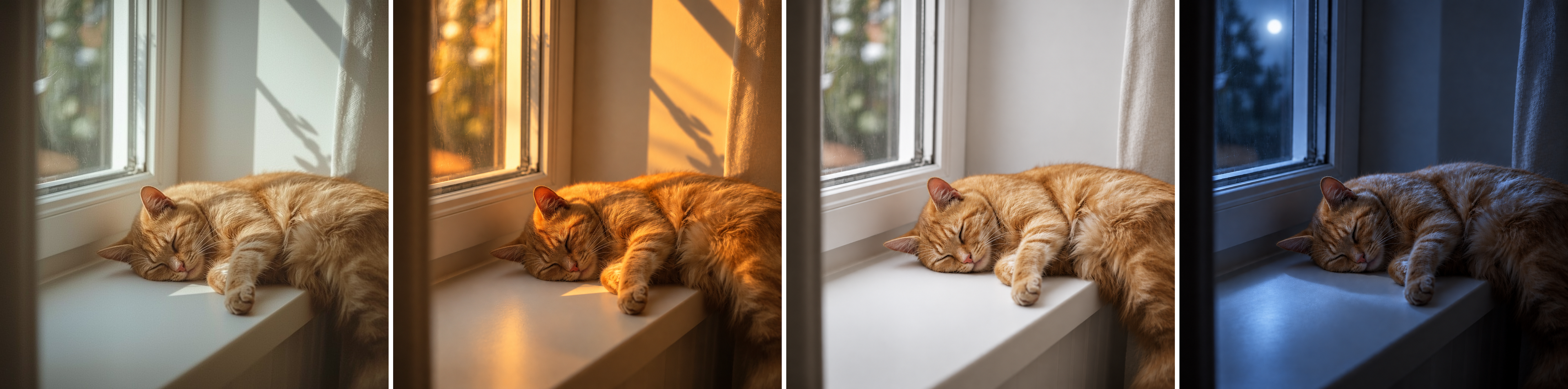 Four images showing the same subject as lighting changes