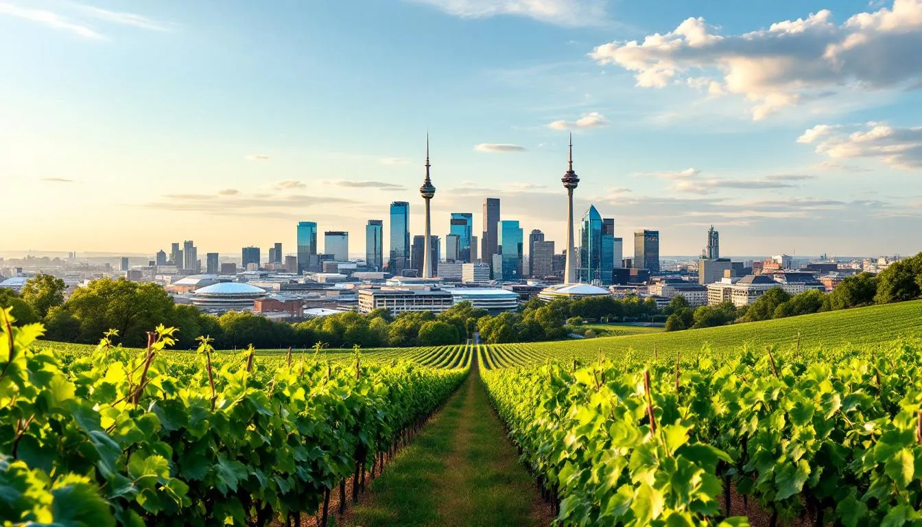 Der Blick auf Stuttgart zeigt im Vordergrund malerische Weinberge, während die beeindruckende Skyline der Stadt im Hintergrund sichtbar ist. Diese Szenerie verkörpert das perfekte Ambiente für eine Hochzeit in Stuttgart, umgeben von der natürlichen Schönheit der Region Baden-Württemberg.