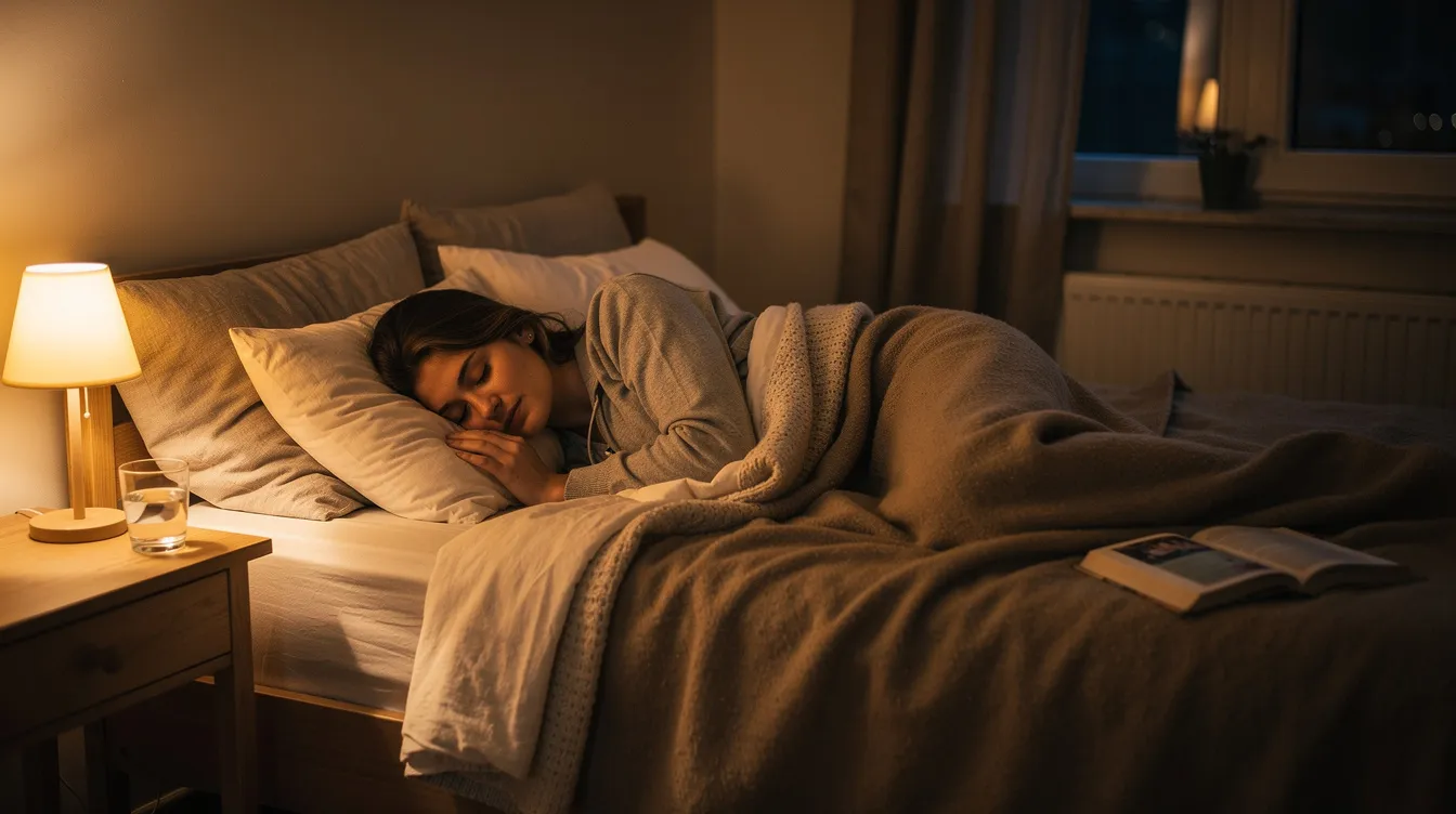 The image depicts a person peacefully sleeping in a cozy bedroom, surrounded by soft bedding and warm lighting, creating a serene atmosphere ideal for restful sleep. This tranquil setting may encourage a healthy lifestyle that supports energy production and improves mental clarity.