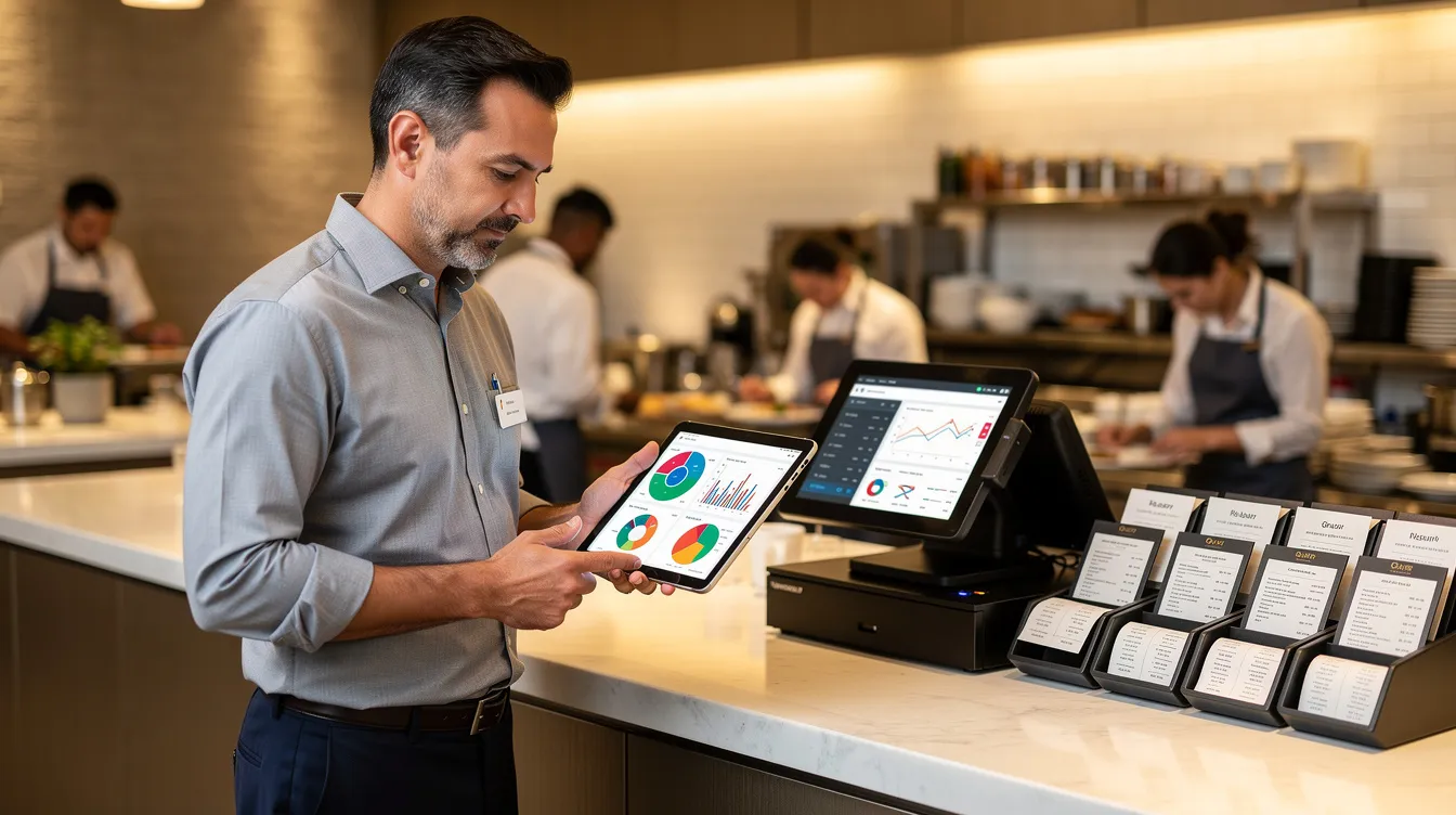 A restaurant manager stands near a service counter, intently reviewing data on a tablet to enhance customer experience and operational efficiency.