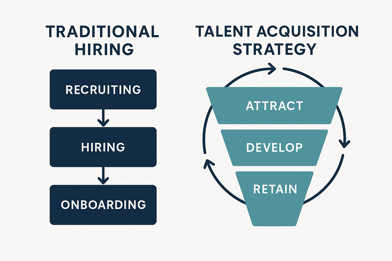 Side-by-side comparison of two hiring approaches. On the left, a linear flowchart labeled 'Traditional Hiring' shows three dark navy boxes stacked vertically: 'Recruiting' → 'Hiring' → 'Onboarding.' On the right, a teal funnel labeled 'Talent Acquisition Strategy' is divided into three segments: 'Attract,' 'Develop,' and 'Retain,' with circular arrows around it to suggest a continuous cycle. The background is light gray with clean, minimalist design.