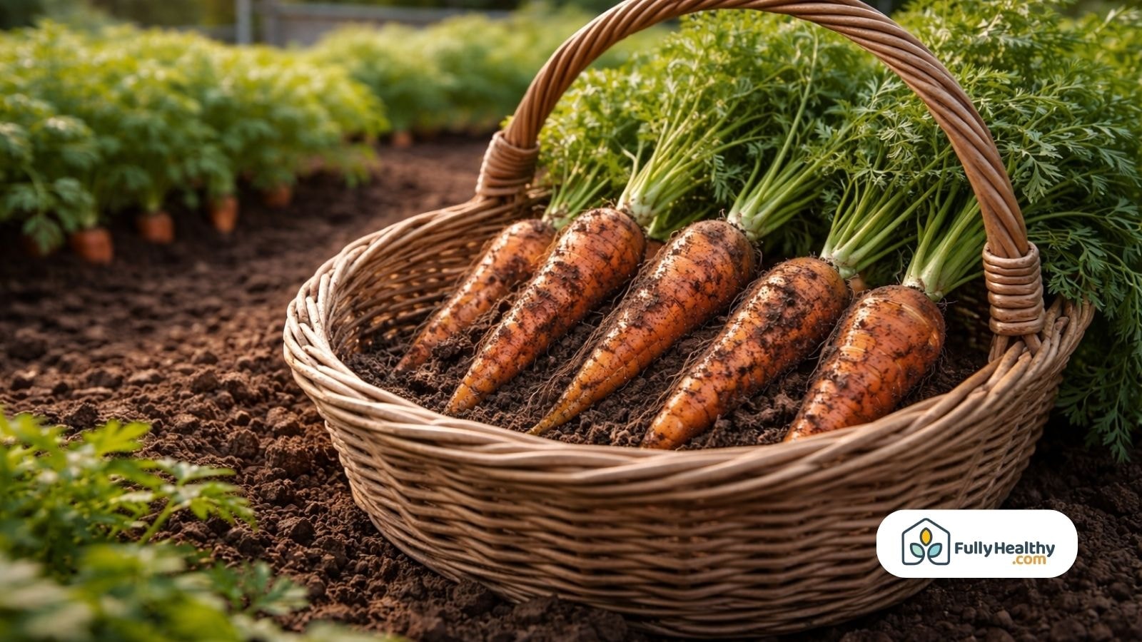 Basket filled with freshly harvested carrots still covered in soil