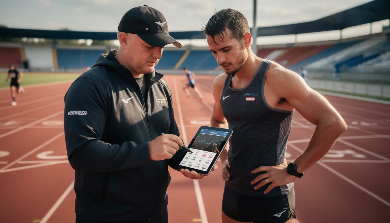 A coach and an athlete are analyzing performance data on a tablet, standing next to a running track. They are likely discussing aspects of exercise training and endurance performance, possibly considering the effects of nmn supplementation on athletic performance and energy metabolism.