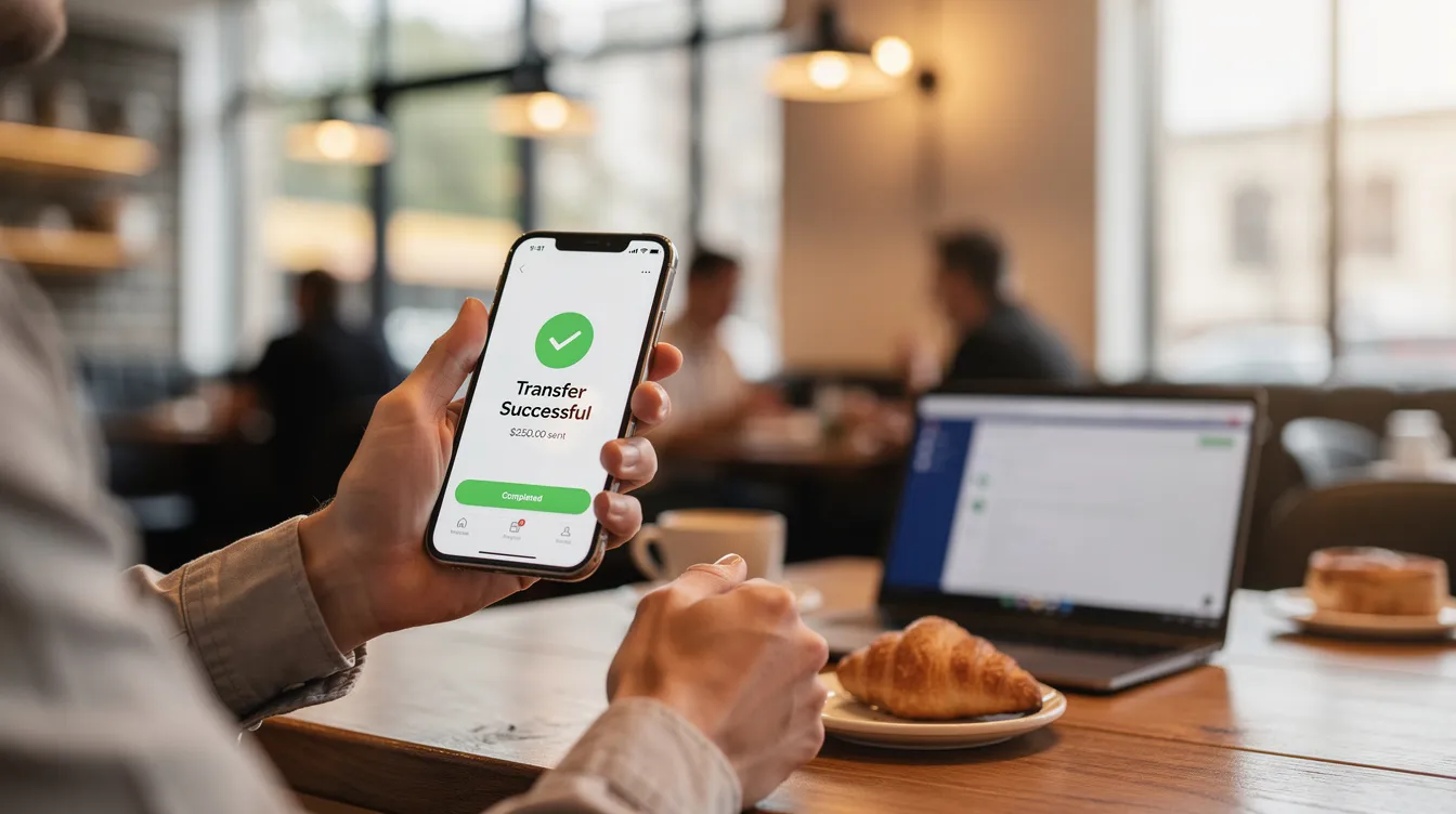 A person is sitting in a cafe, holding a smartphone that displays a confirmation screen for an international money transfer, possibly related to Jammu and Kashmir Bank. The scene suggests a casual yet important moment of sending money, highlighting the convenience of digital banking in everyday life.