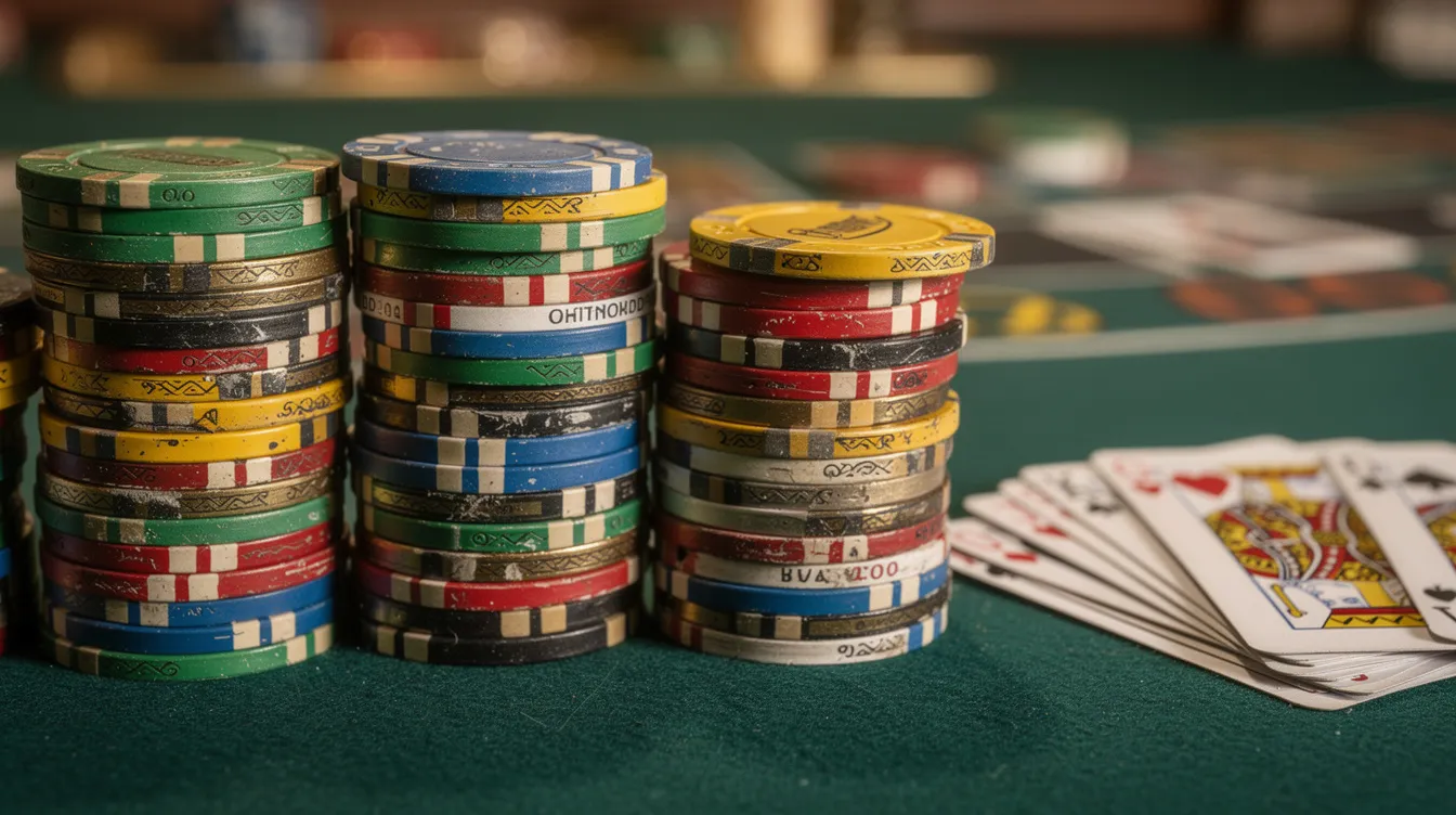 The image features a collection of colorful casino chips neatly stacked on a green felt table, with a few playing cards laid out nearby, creating an inviting atmosphere reminiscent of UK casinos. This scene captures the essence of casino games, perfect for those exploring non gamstop casinos or online gambling sites.