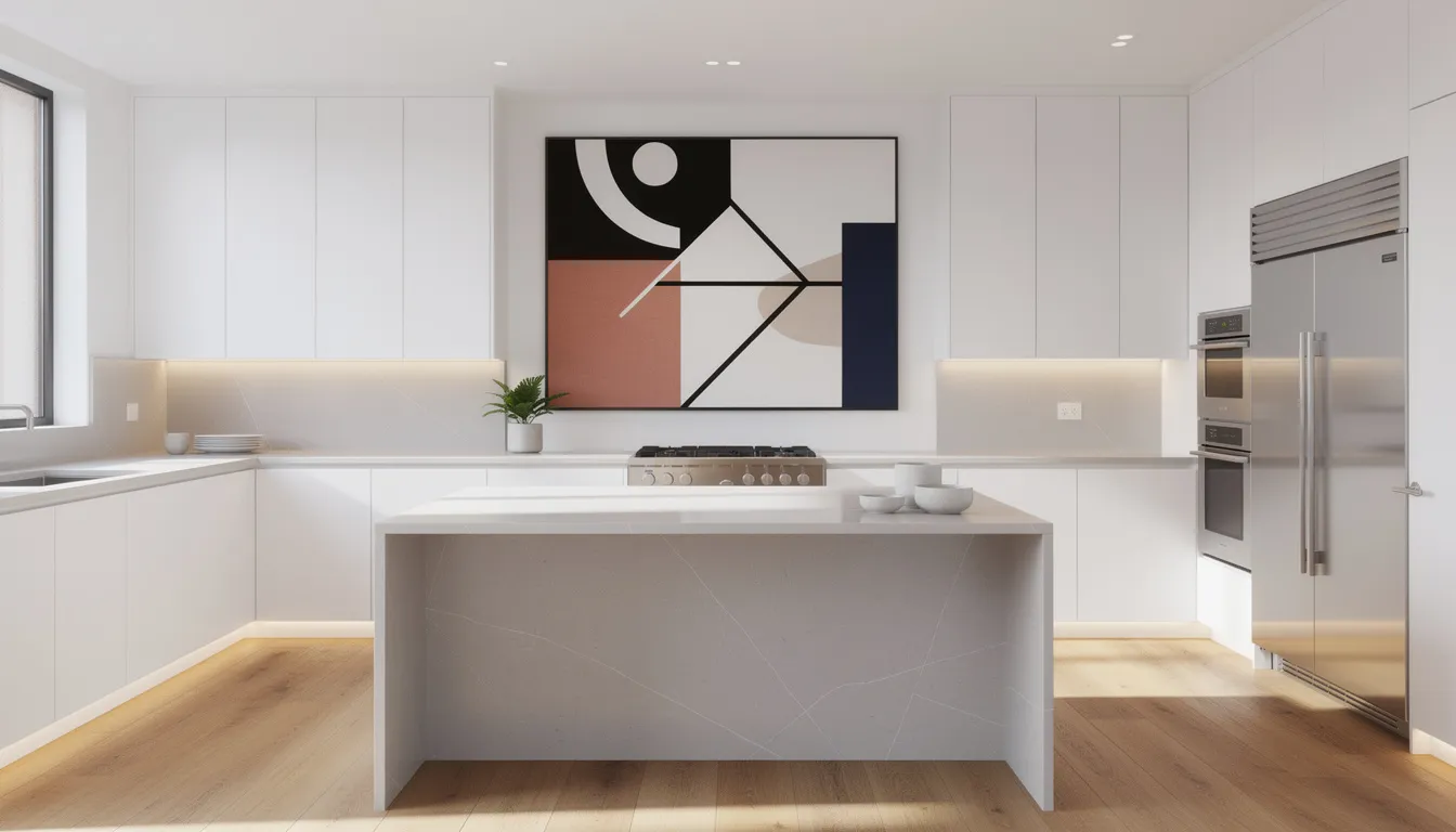 L’image présente un intérieur de cuisine moderne avec une œuvre murale géométrique abstraite en point focal, ajoutant un intérêt visuel à l’espace. Cette décoration de cuisine allie fonctionnalité et style personnel, créant une atmosphère accueillante dans la zone de cuisson.