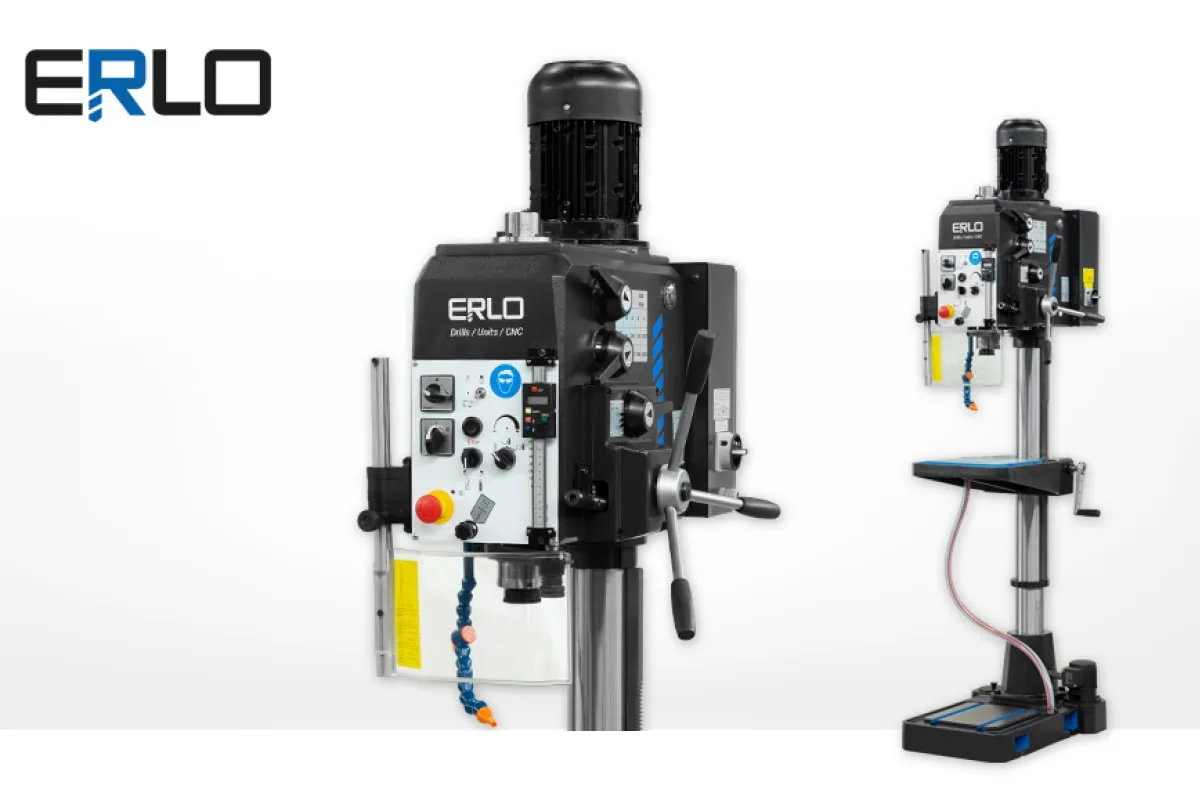 Erlo Bohrmaschine mit robustem Design und modernem Bedienfeld, geeignet für präzise Bohrarbeiten in Industrie und Handwerk. Abgebildet sind die Seitenansicht und die Gesamtansicht der Maschine, die eine hohe Leistungsfähigkeit und vielseitige Einsatzmöglichkeiten bietet.