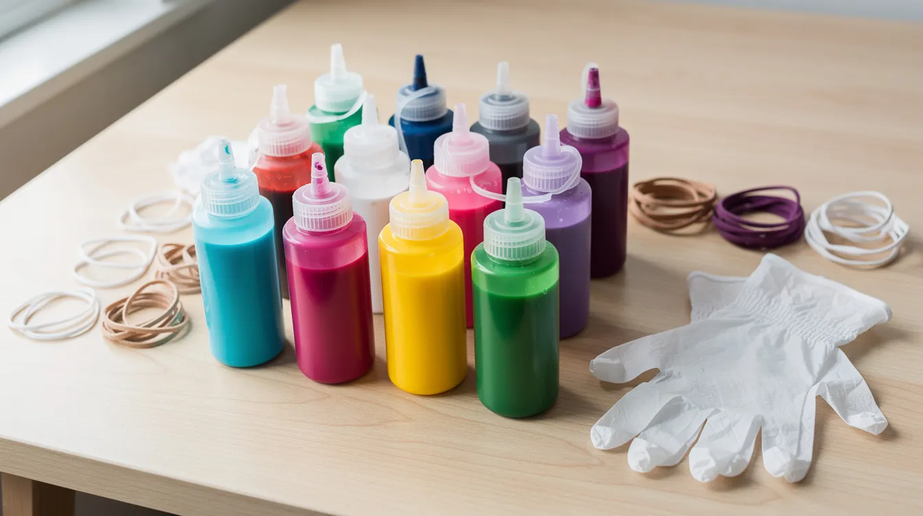 A table is set up for a tie dye party, featuring various supplies such as squeeze bottles filled with dye, rubber bands, disposable gloves, and paper towels. This colorful tie dye station is perfect for guests of all ages to create their own vibrant designs on cotton shirts.