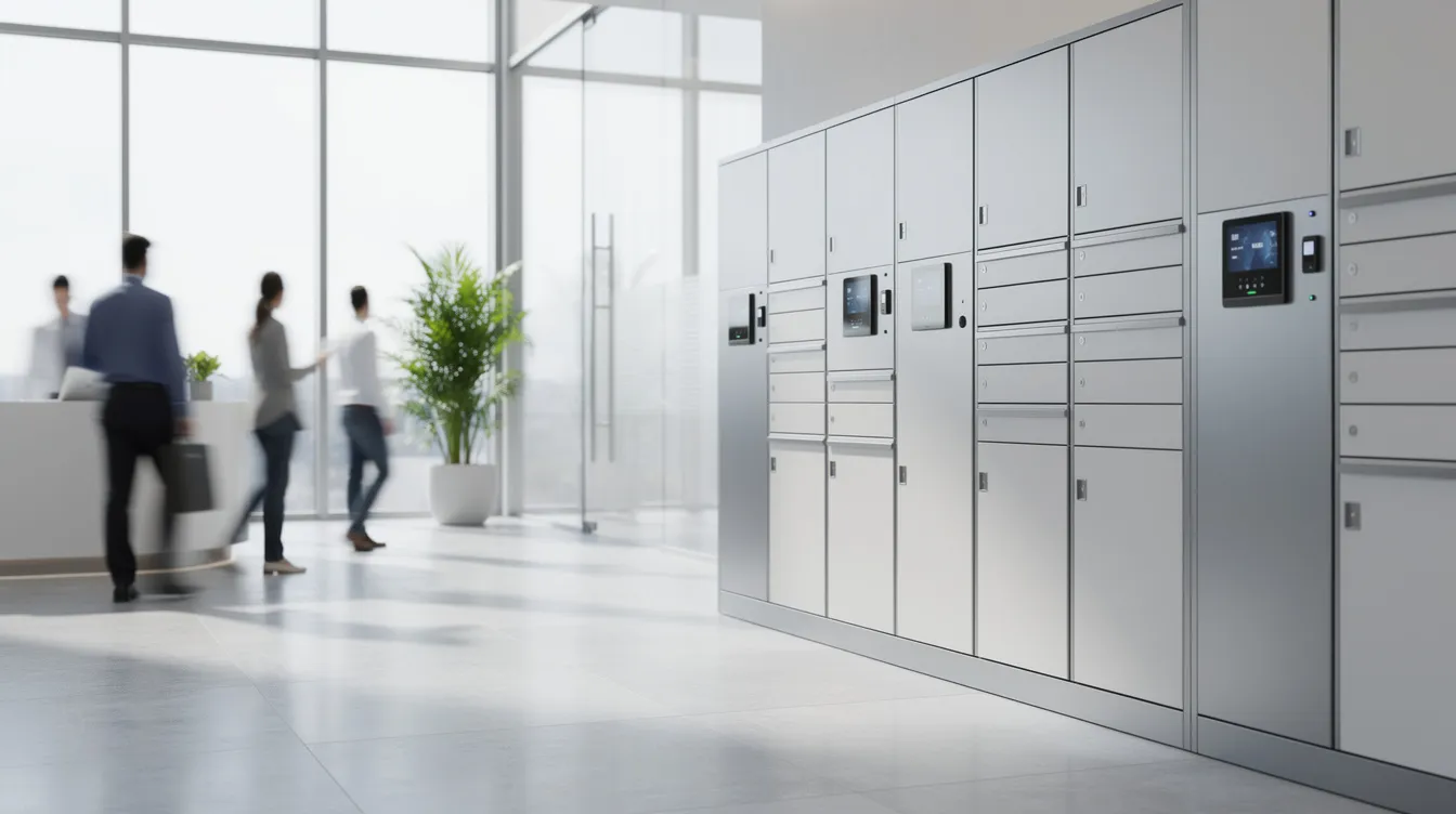 The image depicts a row of sleek electronic smart lockers in a modern office lobby, with employees walking by, showcasing the integration of smart locker technology into corporate offices. These smart lockers utilize various authentication methods, such as QR codes and biometric access, to enhance security and operational efficiency for managing personal belongings.