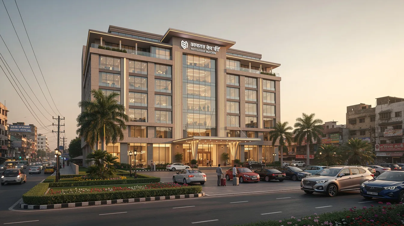 96ec1e24 7d50 4f90 a351 297e3f2085a6 The image depicts a modern multi-storey hotel building situated in an Indian city, featuring a beautifully landscaped entrance and several parked cars. This hotel project reflects the growing hospitality sector in the region, highlighting the importance of location and design in the competitive hotel industry.