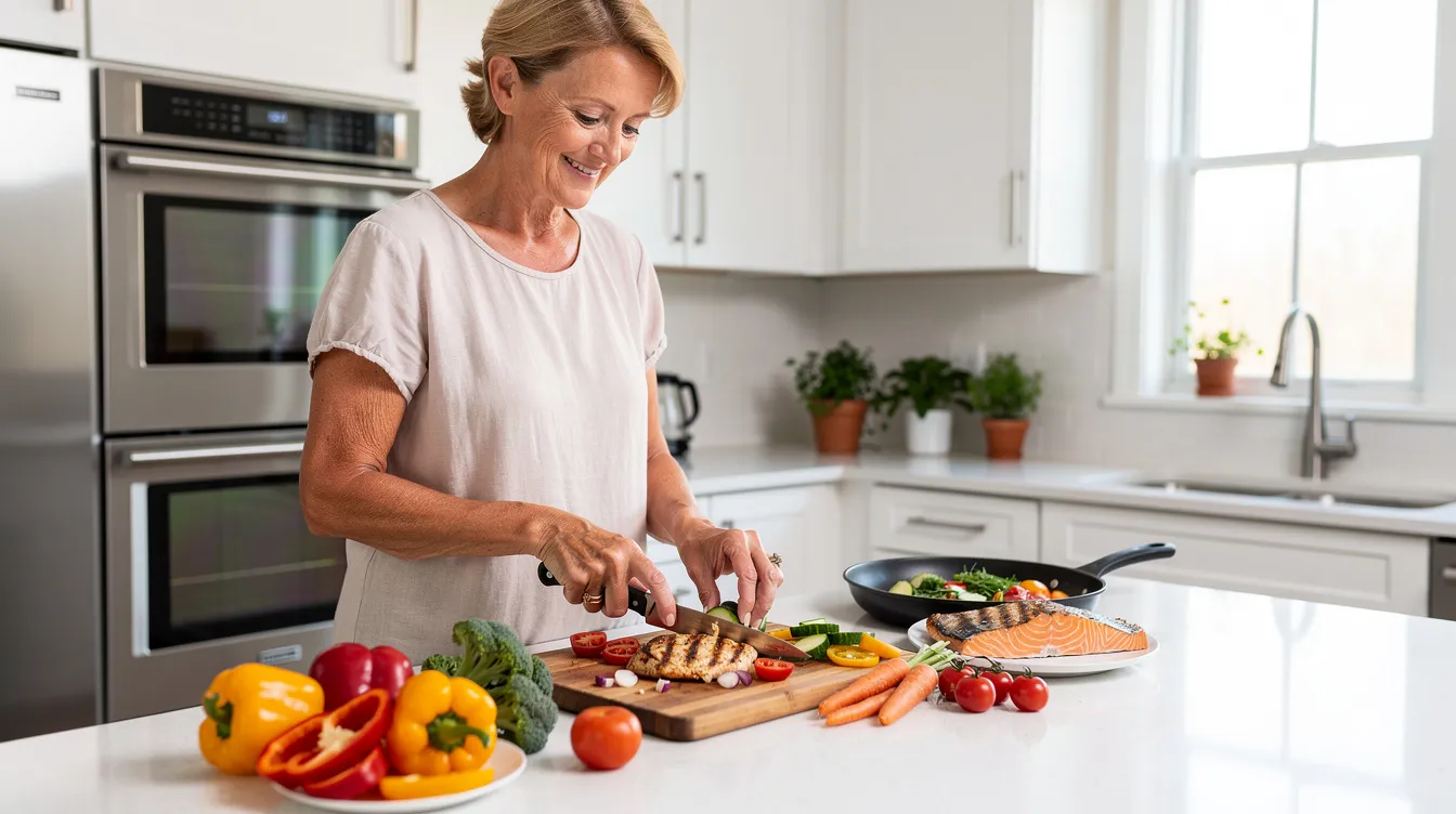 A woman in her fifties is in a modern kitchen, skillfully preparing a vibrant and healthy meal filled with fresh vegetables and lean protein, emphasizing her commitment to a healthy diet and weight management. This colorful meal reflects her efforts to promote weight loss and maintain a healthy weight as part of her lifestyle changes.