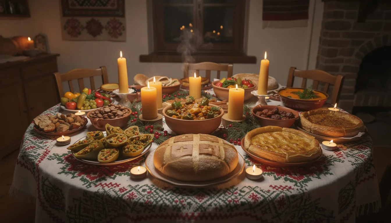 The image depicts a festive Bulgarian table beautifully set for Christmas Eve, adorned with an array of traditional vegetarian dishes such as stuffed red peppers, Shopska salad, and bowls of Bulgarian yogurt, complemented by flickering candles that create a warm, inviting atmosphere. The table reflects the rich flavors of Bulgarian cuisine, celebrating the holiday with a variety of colorful and delicious foods.