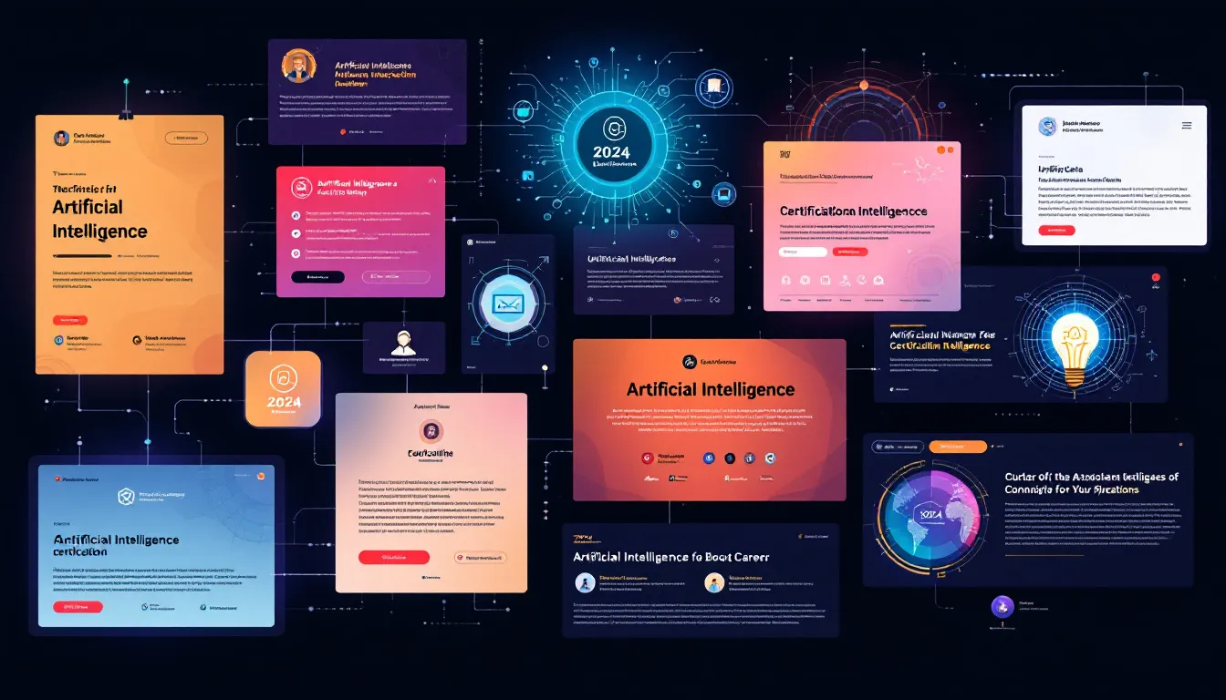 A collage of various artificial intelligence certifications to boost career in 2024.