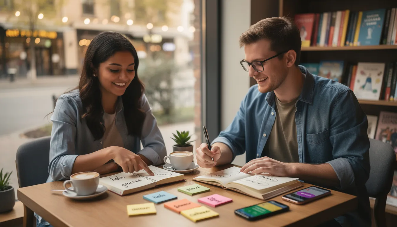 Una pareja de diferentes culturas se sienta frente a una mesa, sonriendo mientras practican el idioma del otro, intercambiando palabras y gestos que reflejan su amor y deseo de comunicación. En el ambiente, se percibe una atmósfera de alegría y aprecio, simbolizando la importancia de los "love languages" en su relación.