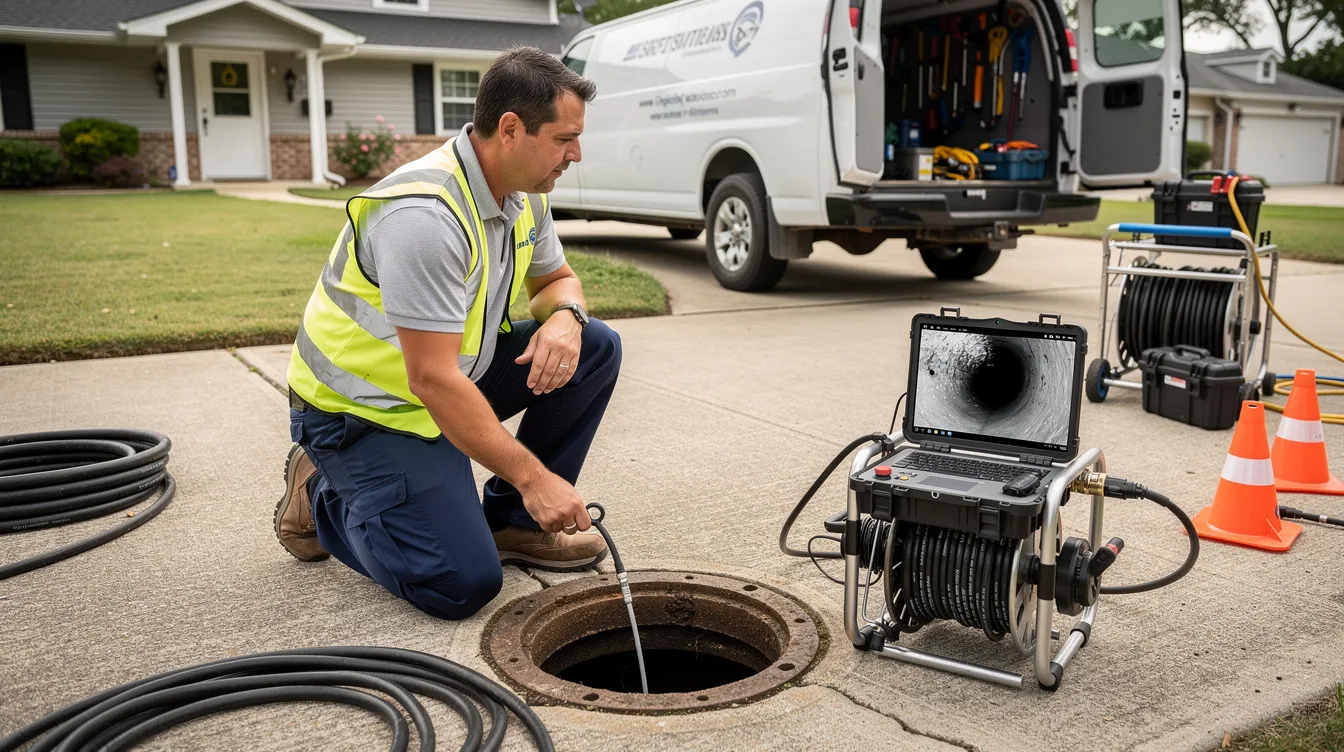 A plumbing technician is inspecting sewer camera equipment next to a driveway, preparing for a sewer line inspection. The specialized tools will help assess the condition of the existing pipe and determine the best trenchless sewer repair methods for any potential issues.