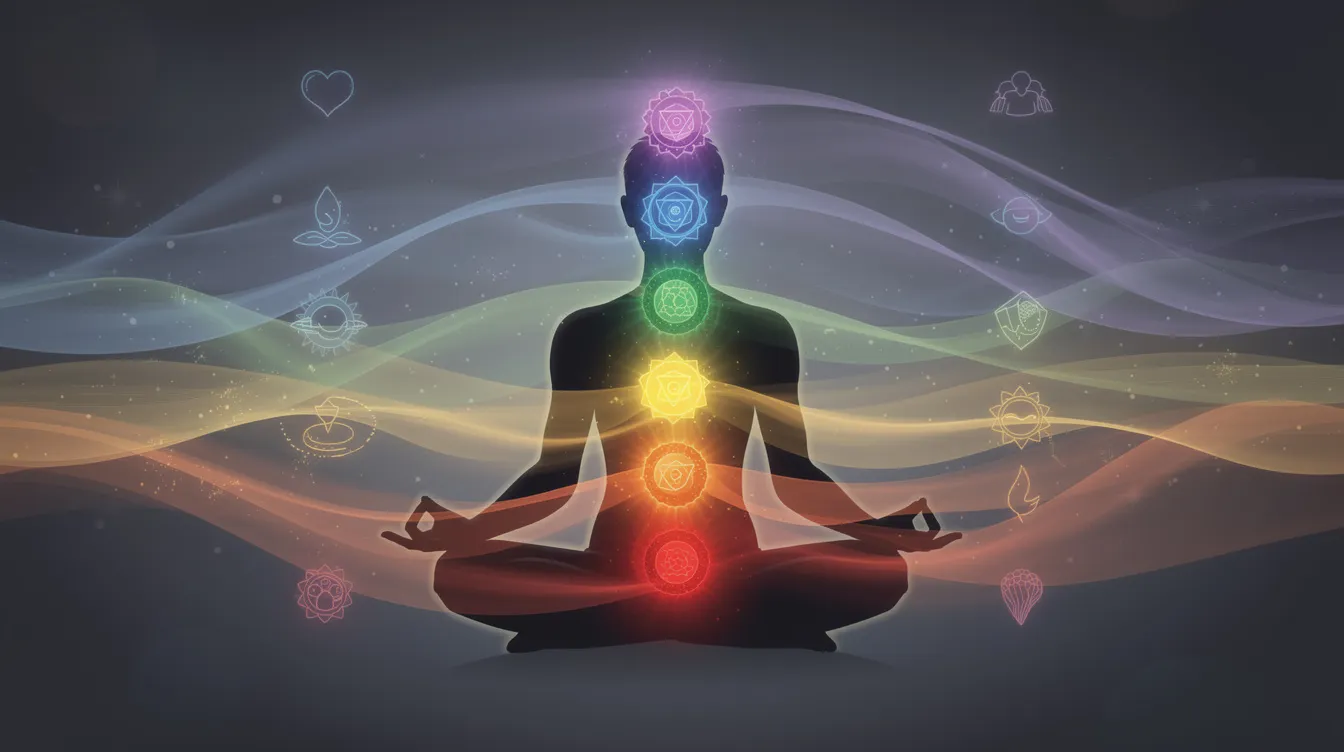 The image illustrates the seven chakras of the human body, each represented by its corresponding chakra color: red for the root chakra at the base of the spine, orange for the sacral chakra in the lower abdomen, yellow for the solar plexus chakra in the upper abdomen, green for the heart chakra, blue for the throat chakra, indigo for the third eye chakra, and violet for the crown chakra. This vibrant depiction highlights the energy centers and their connection to emotional balance and spiritual awareness.