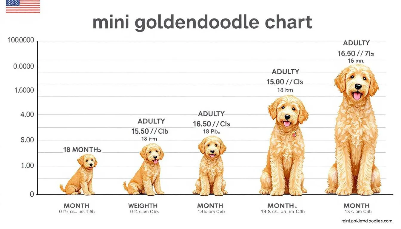 A growth chart illustrating the size progression of mini goldendoodles from puppy to adult, highlighting their weight ranges and growth patterns as they transition from playful pups to fully grown dogs. This chart is essential for pet owners to understand the healthy growth and adult size of these designer breeds.