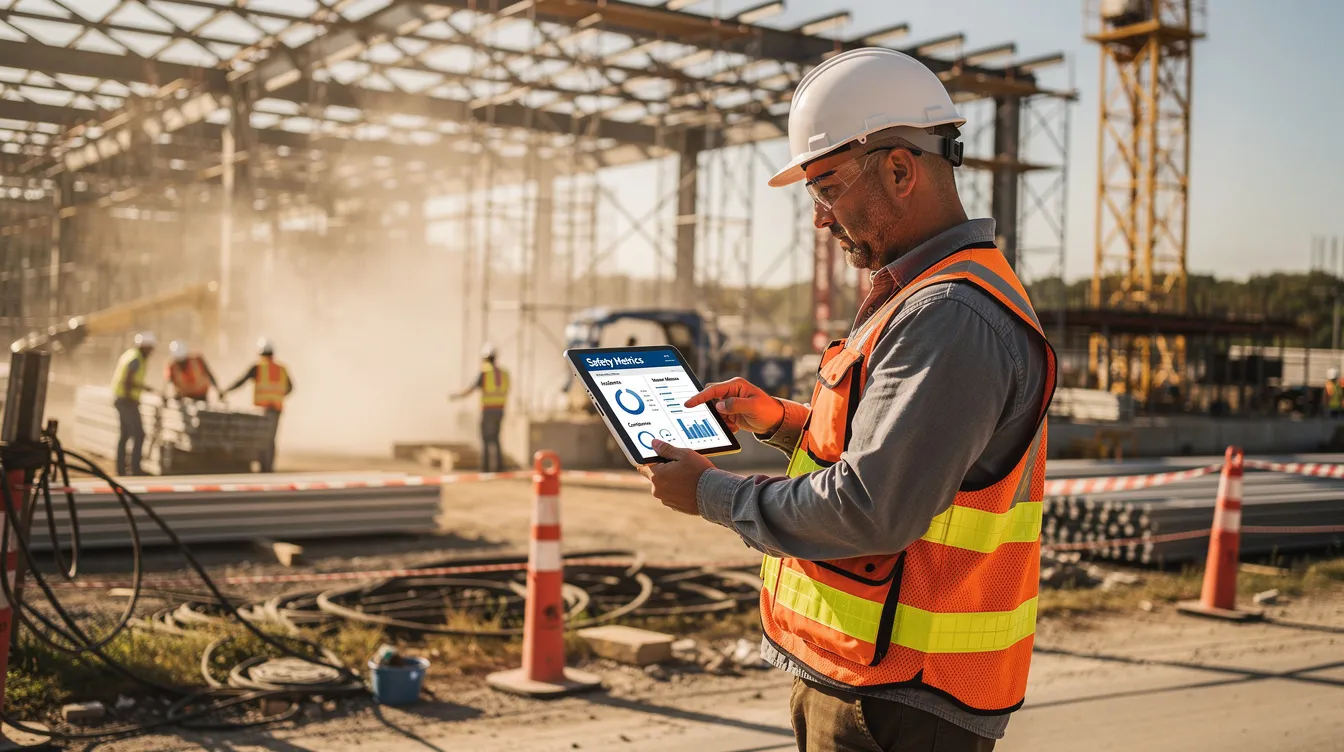 A superintendent stands on an active construction site, reviewing safety data on a tablet to ensure compliance with safety regulations and improve workplace safety. The scene highlights the importance of construction safety management and the use of personal protective equipment in high-risk areas.