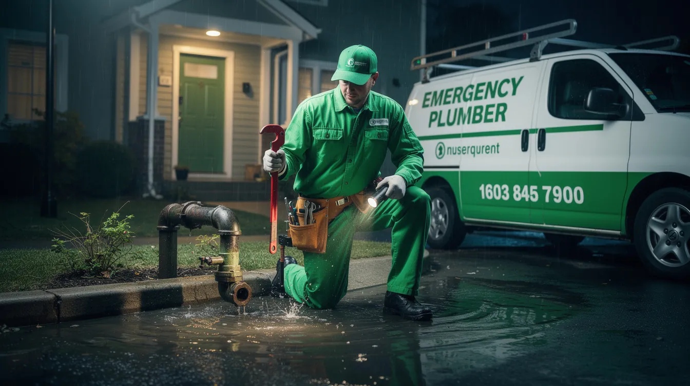 An emergency plumber in a green uniform is responding to a plumbing emergency, ready to tackle issues such as a broken water supply pipe or a clogged drain. The technician is equipped with tools to address urgent plumbing problems and prevent further damage to the home.