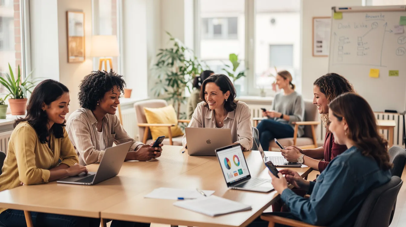 The image shows a diverse group of women engaged in using smartphones and laptops together in a community setting, symbolizing collaboration and empowerment in the pursuit of gender equality and women's rights. Their interaction highlights the importance of technology in promoting social equality and addressing issues such as gender discrimination and economic opportunities for women and girls.