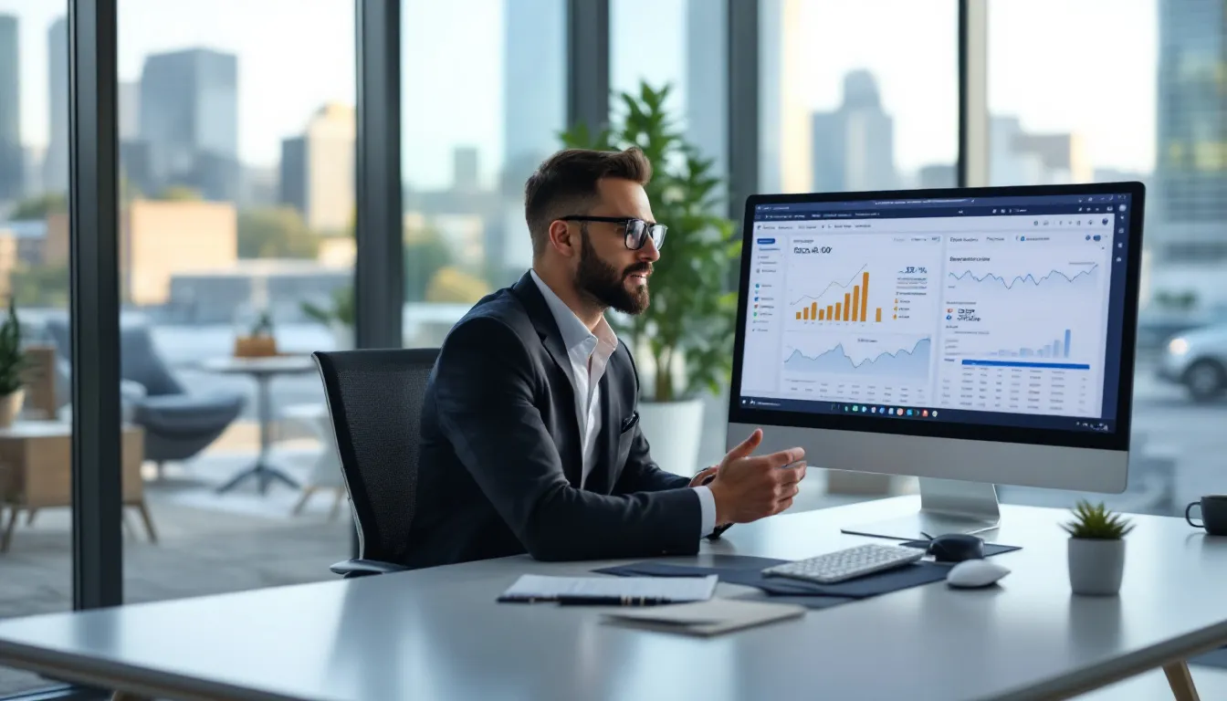 A business owner is seated at a sleek desk in a modern office, thoughtfully reviewing various financial documents and investment portfolios, including life insurance premium financing options. The environment reflects a focus on financial strategy, highlighting the importance of managing insurance premiums and assets for optimal cash flow and wealth management.