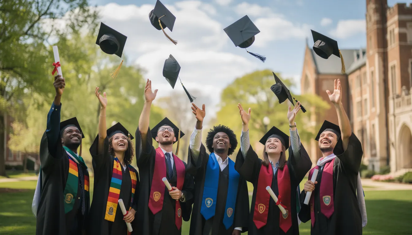 A joyful group of graduates in caps and gowns celebrates their college graduation by throwing their caps into the air outdoors, marking the transition to the next chapter of their lives. This moment captures the excitement and hard work that led them to this milestone, making it a perfect occasion for thoughtful graduation gift ideas for your favorite grad.